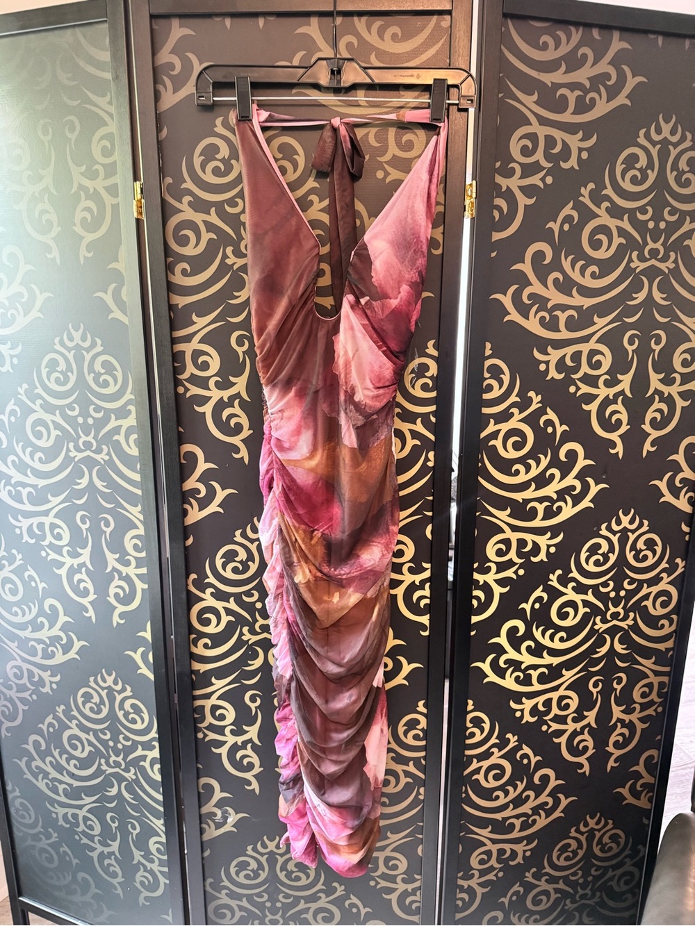 Fashion Nova Pink Multi Ruched Halter Maxi Dress